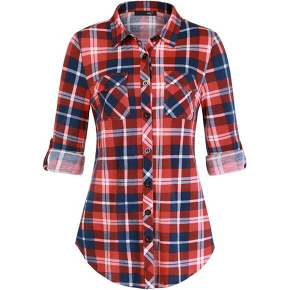 Plaid Button Down Shirt Womens Long Sleeve Collared Roll Up Stretchy Top - Picture 7 of 7